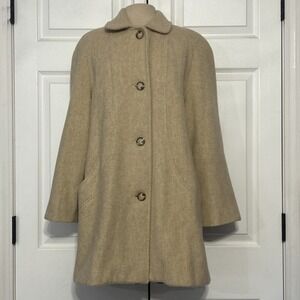 Herman Kay Wool Blend Jacket Car Coat‎ Oatmeal Beige Mid-Length Button Up Vtg 8